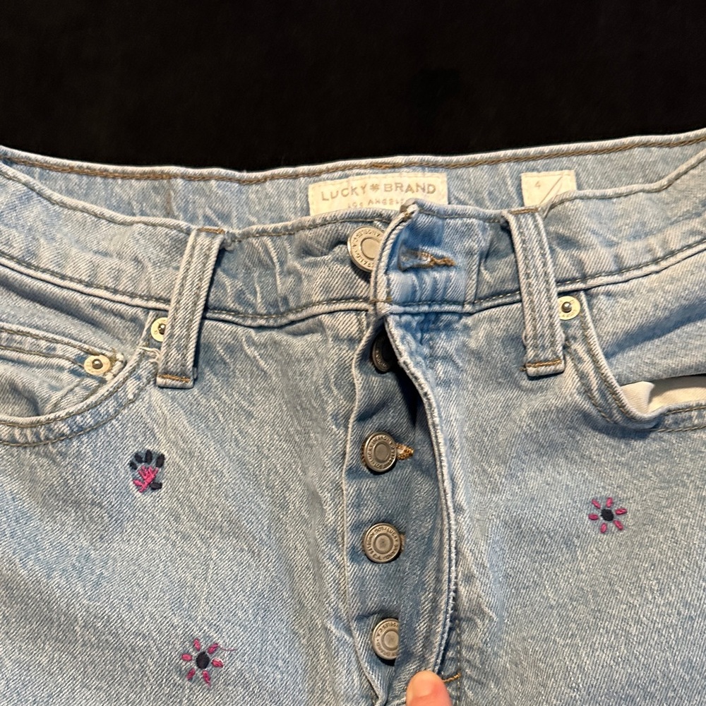 Lucky Brand Light Blue Denim Jeans with Pink & Navy Embroidery - Picture 2 of 6